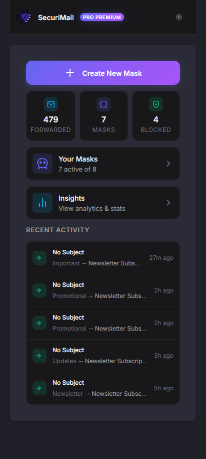 SecuriMail dashboard showing email stats and recent activity