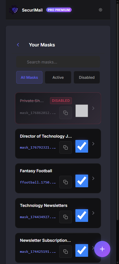 SecuriMail mask management with active and disabled masks