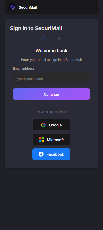 SecuriMail sign in with email and social authentication